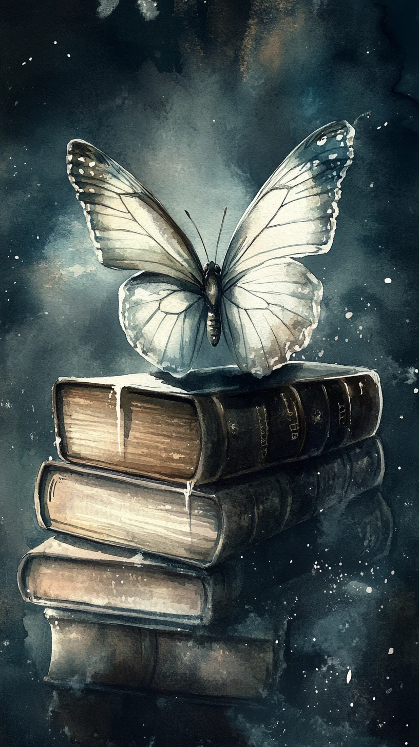 Borboleta em aquarela sobre livros vintage na escuridão luminosa