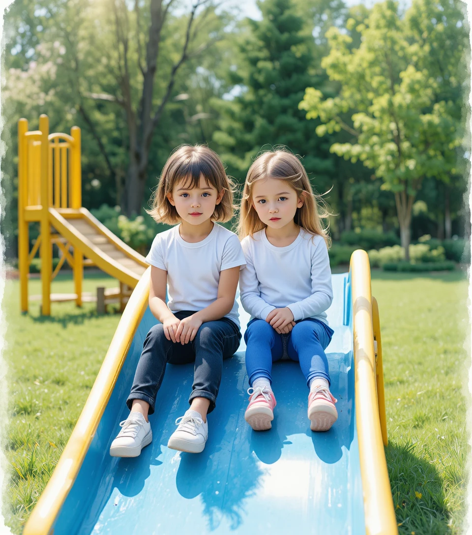 Zwei kleine Kinder sitzen im Freien auf einer blauen Rutsche