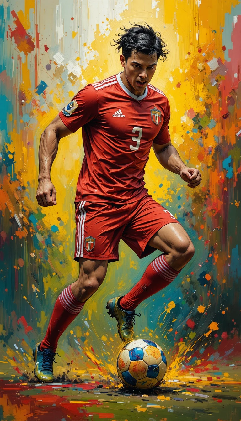 Abstract painting of a male soccer player in motion
