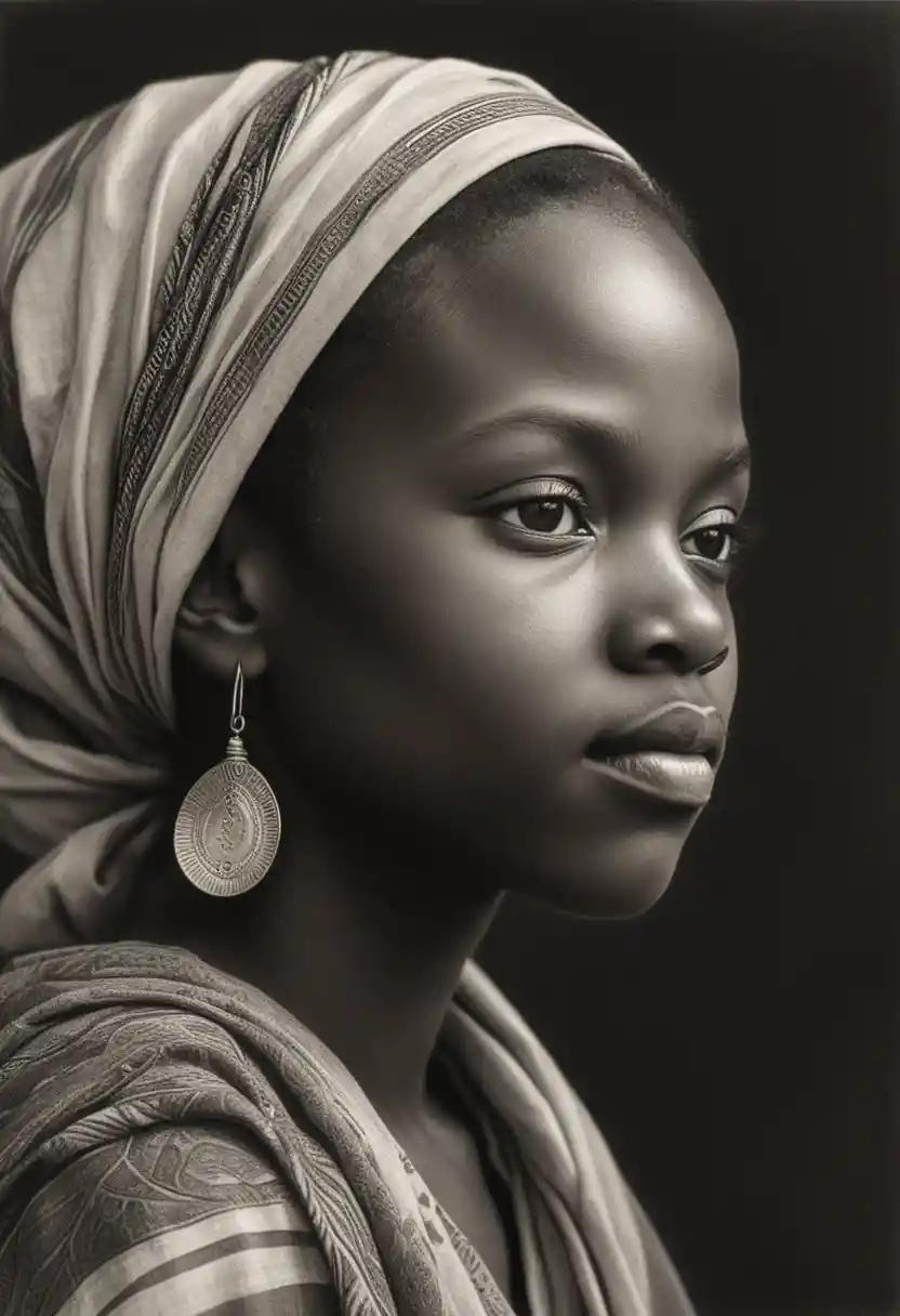 Sepia portrait of african girl in traditional headscarf