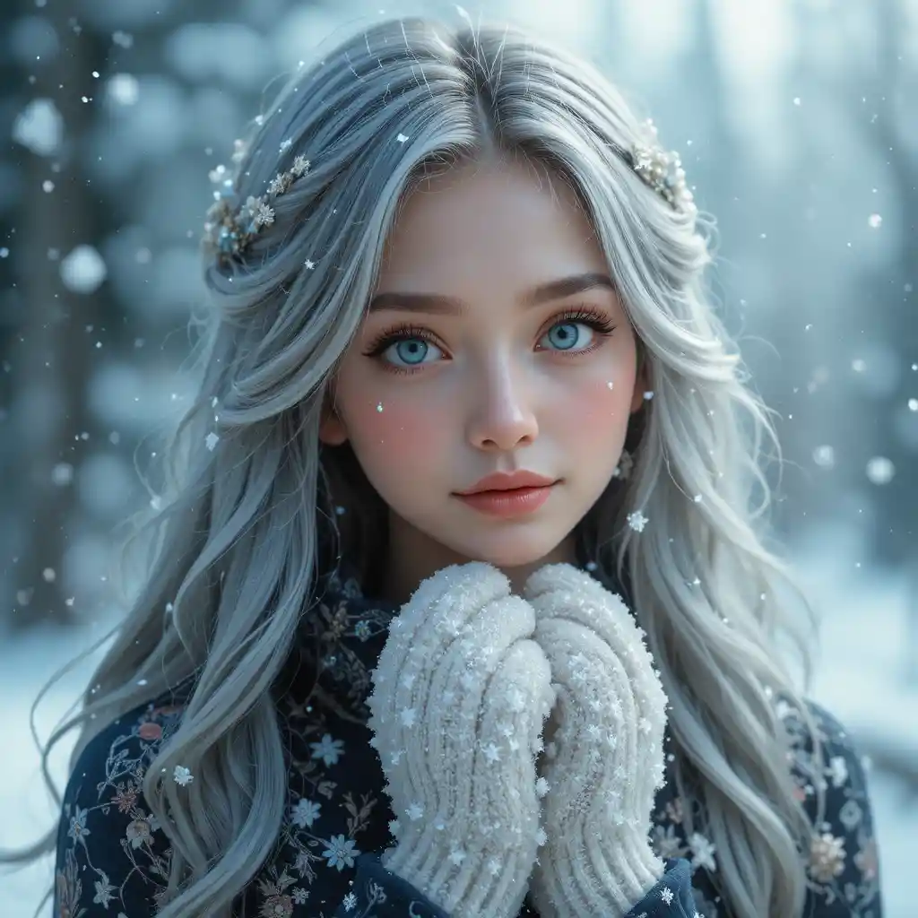 銀色の髪と雪の結晶をまとう幻想的な冬の少女