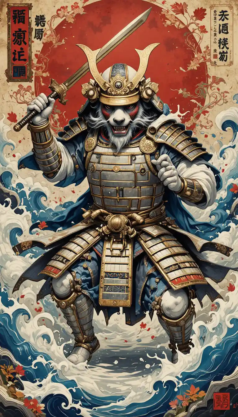 Urso-polar Samurai Blindado Avançando em Estilo Ukiyo-e