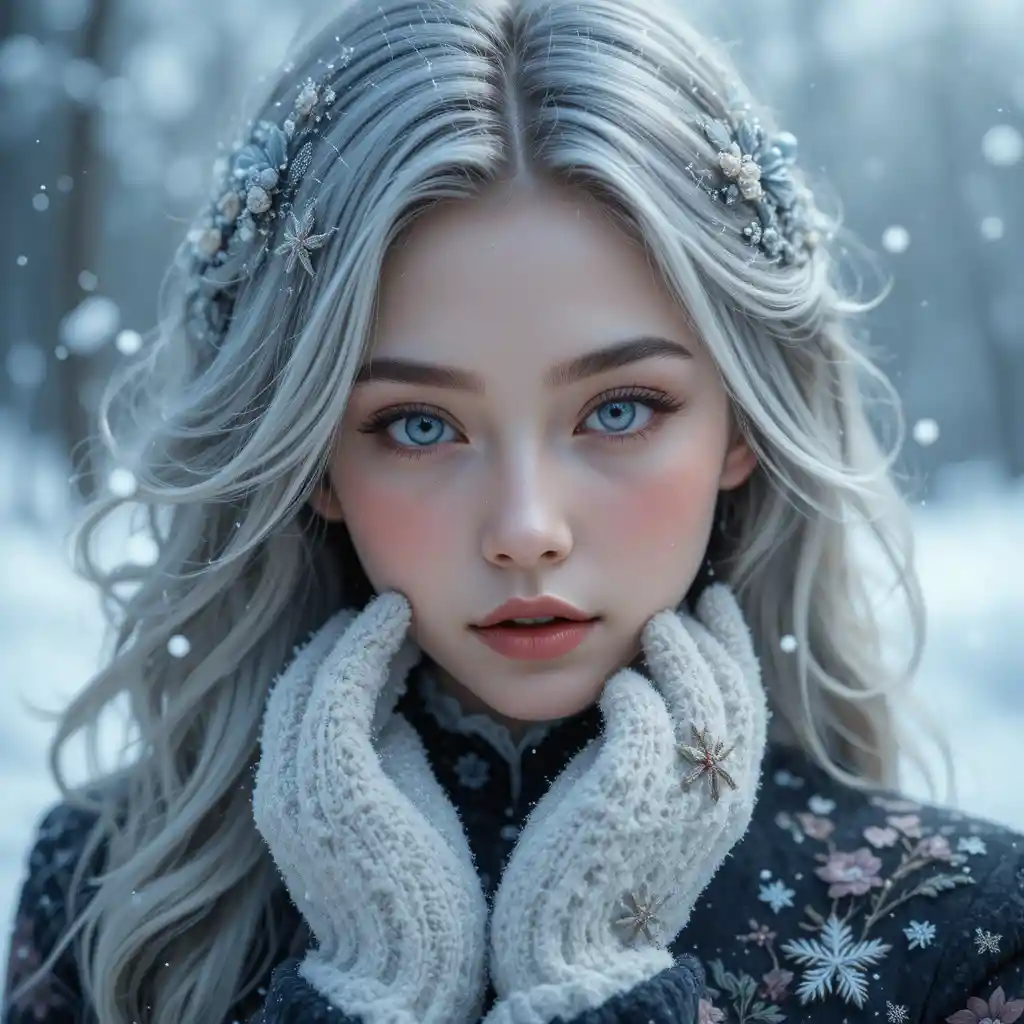 銀髪とやわらかな雪の幻想的な冬の少女