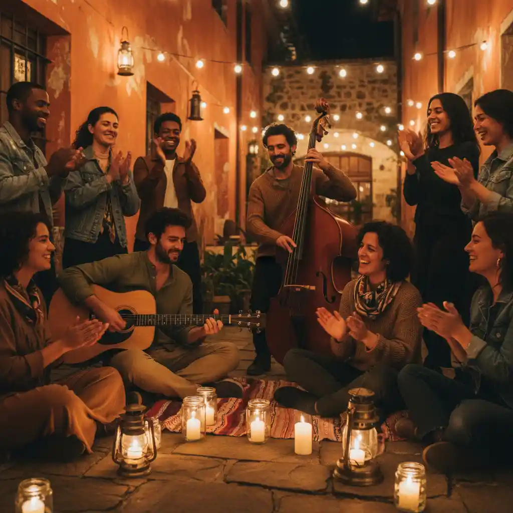 Freunde genießen akustische Livemusik in einem von Kerzen erleuchteten Innenhof