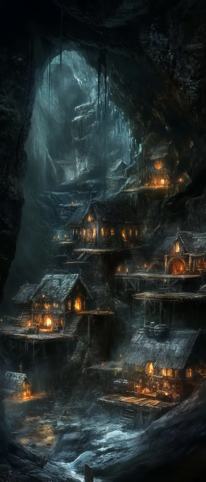 Immensità di una città sotterranea dei nani scolpita in una grotta rocciosa
