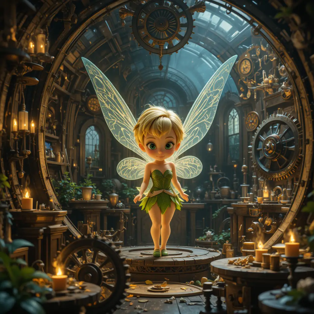 Ragazza fata in una luminosa officina fantasy di ingranaggi