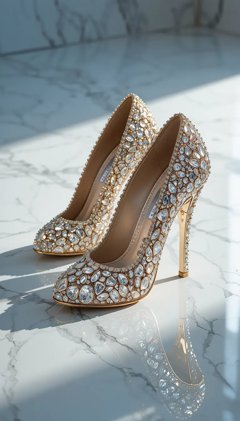 Diamant-High Heels mit goldenen Akzenten auf Marmorboden