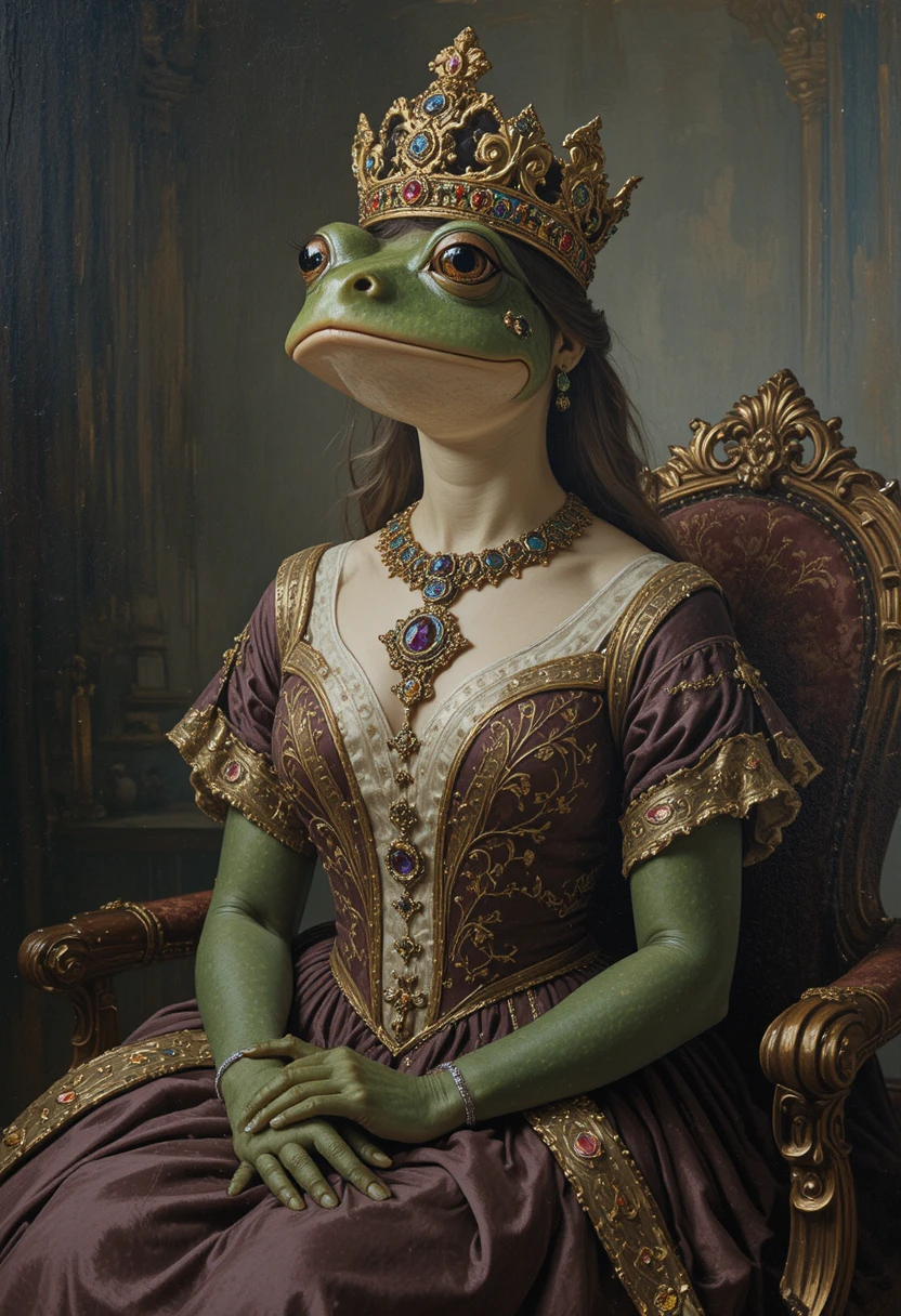 Retrato em óleo majestoso de uma princesa rã coroada