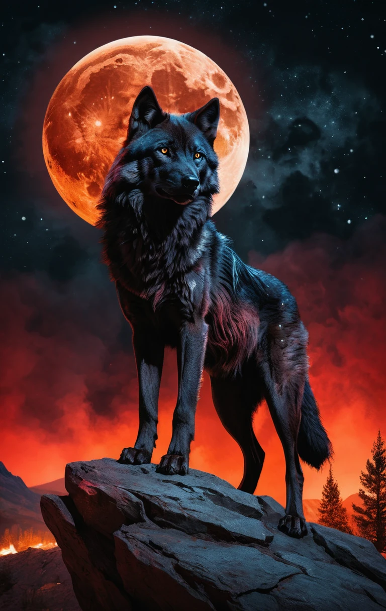 Lobo negro sob uma lua de sangue em um penhasco rochoso