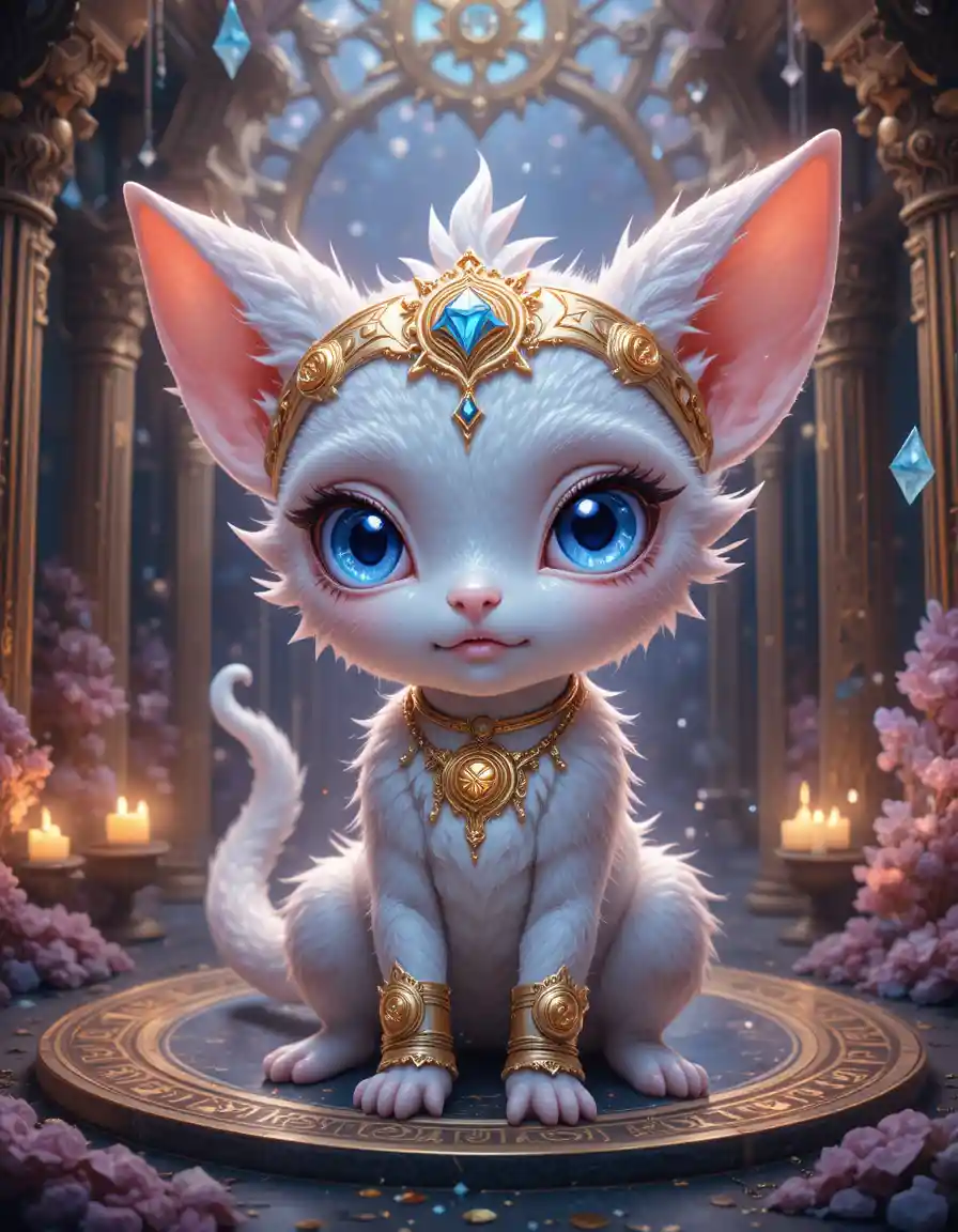 Cute magical creature in a glowing enchanted interior