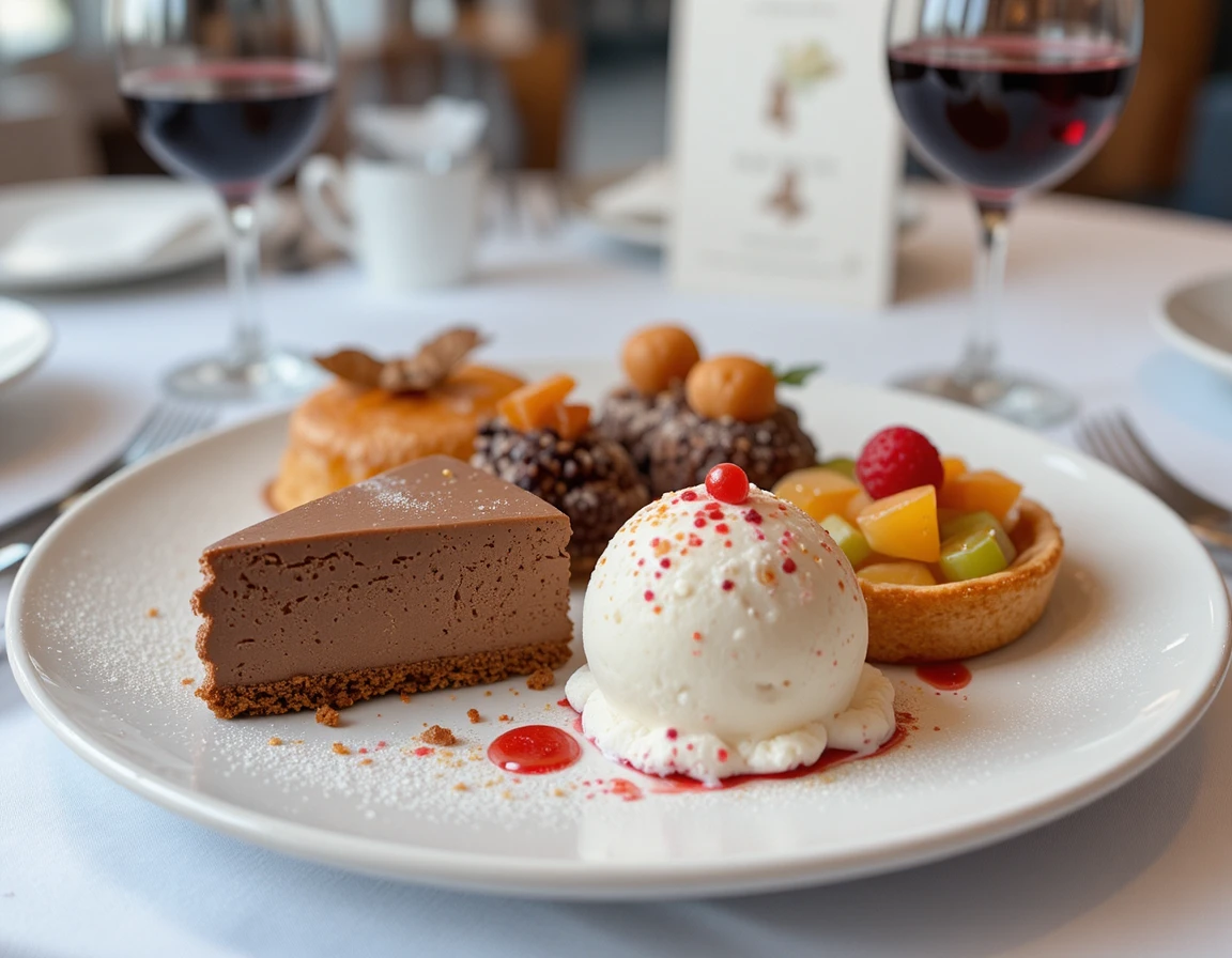 Seleção de sobremesas gourmet em prato branco com vinho tinto