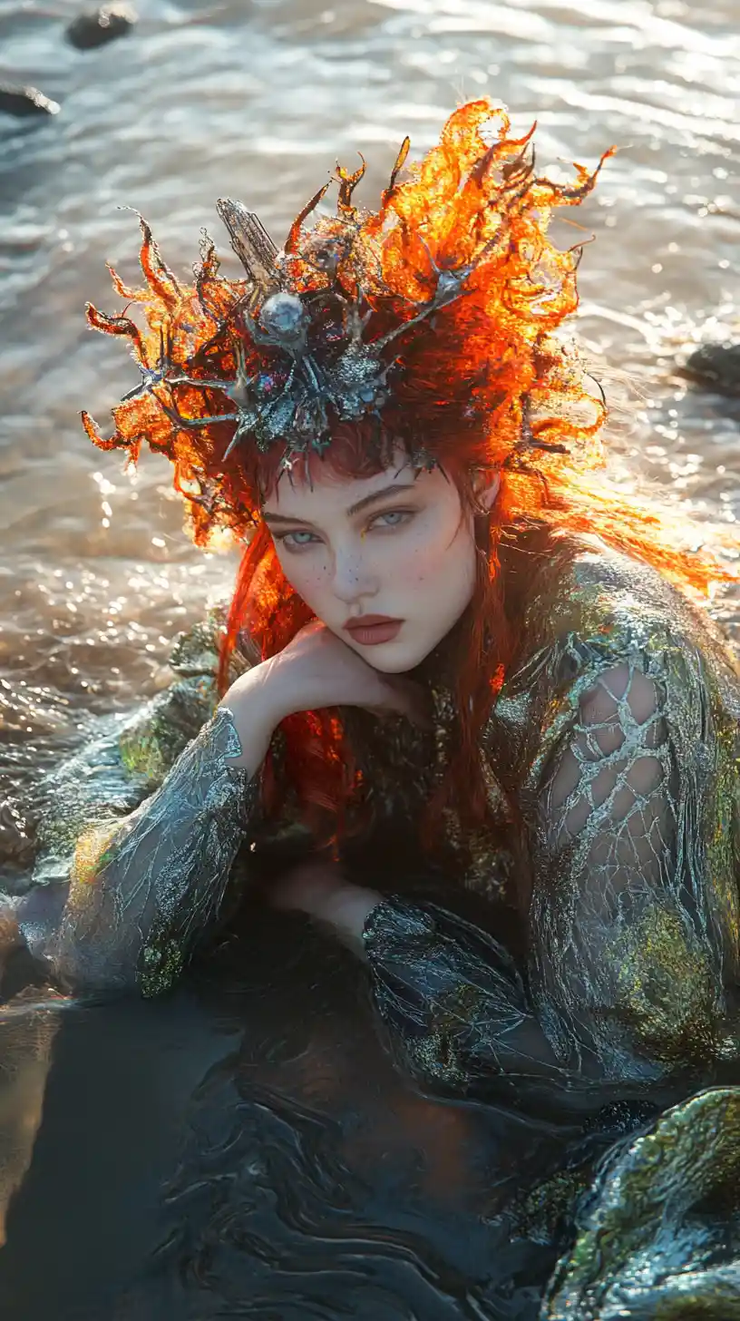 Futuristic woman in exoskeletal gown by a glowing tidal pool