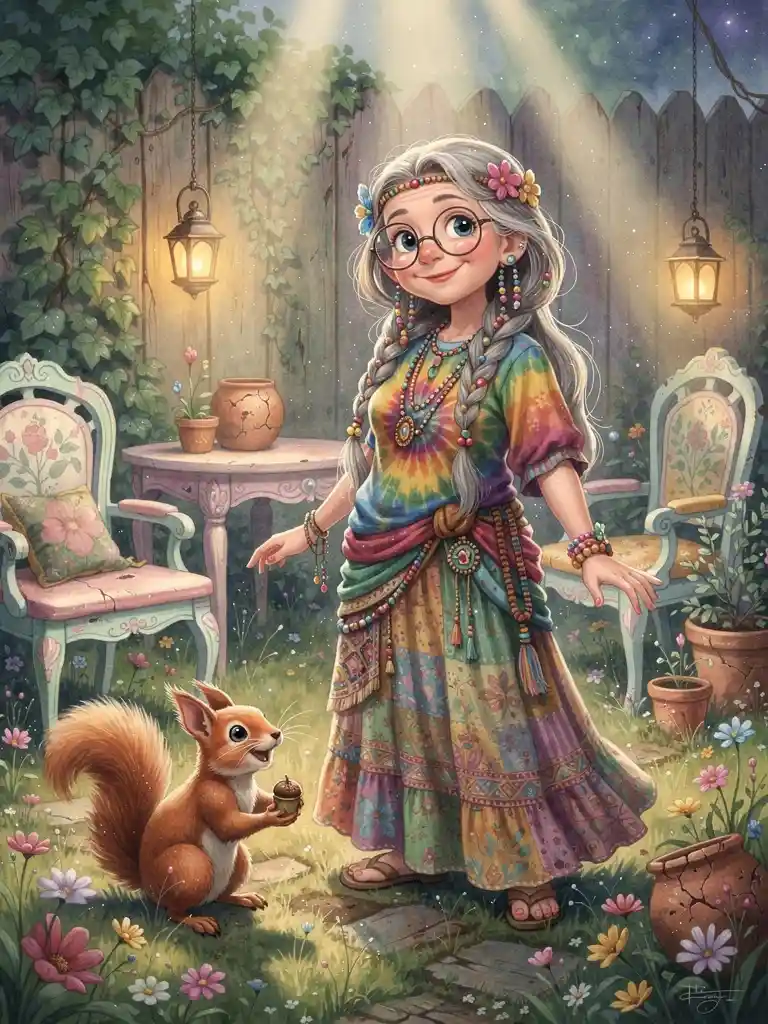 Mujer hippie anciana en un jardín shabby chic con ardilla