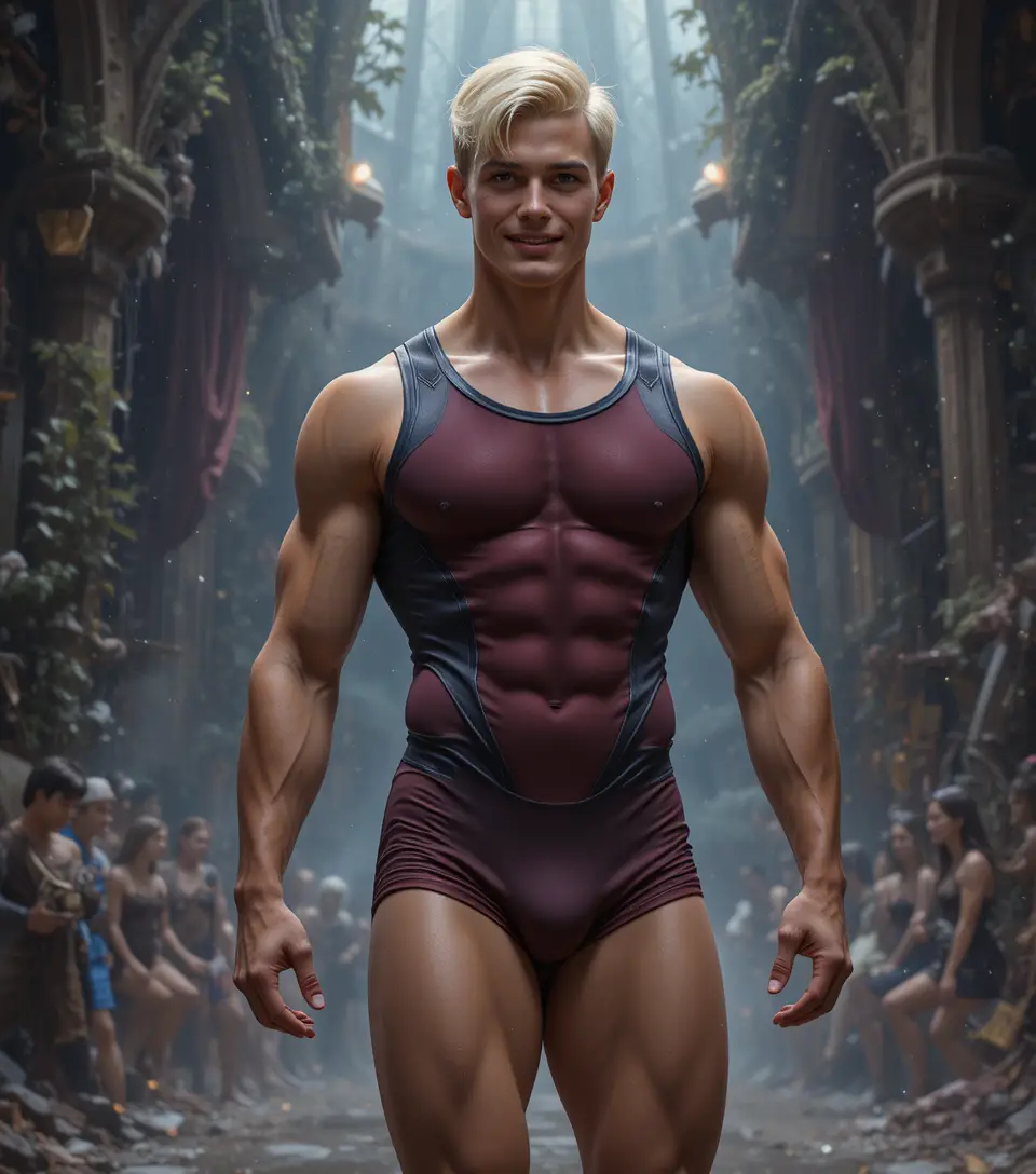 Young wrestler in tight burgundy leotard in sports hall