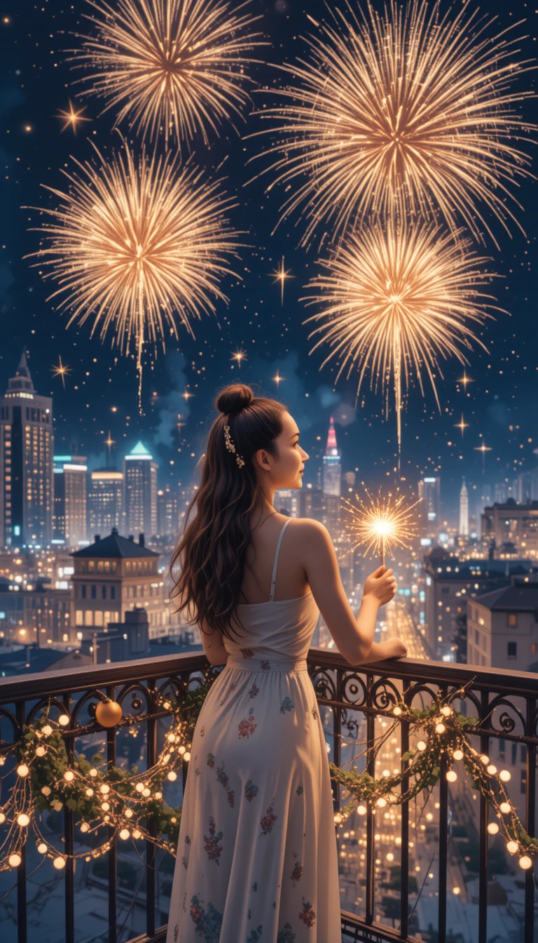 Jovem mulher na varanda observando os fogos de artifício da cidade