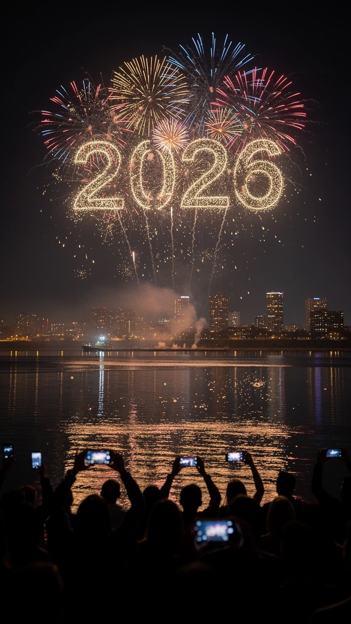 Feux d’artifice formant 2026 au‑dessus d’un fleuve et de la ligne d’horizon de la ville