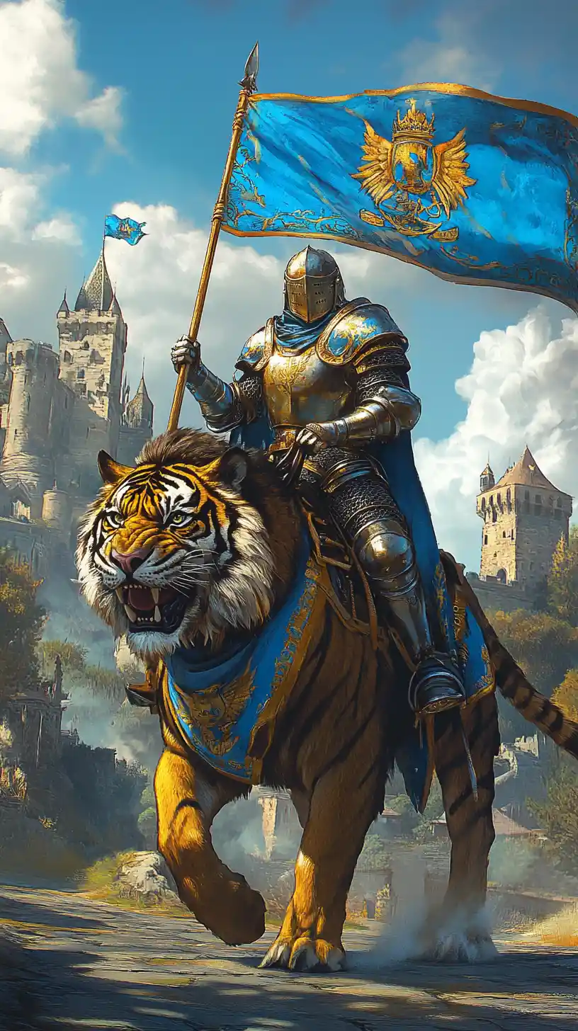Golden knight charging on a battle tiger at castle