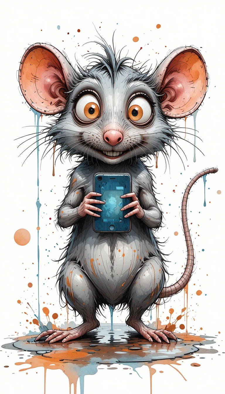 Rat aquarelle décalé aux grands yeux tenant un smartphone