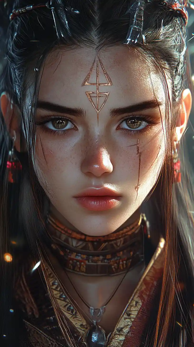 Anime woman with facial markings on a ship portrait