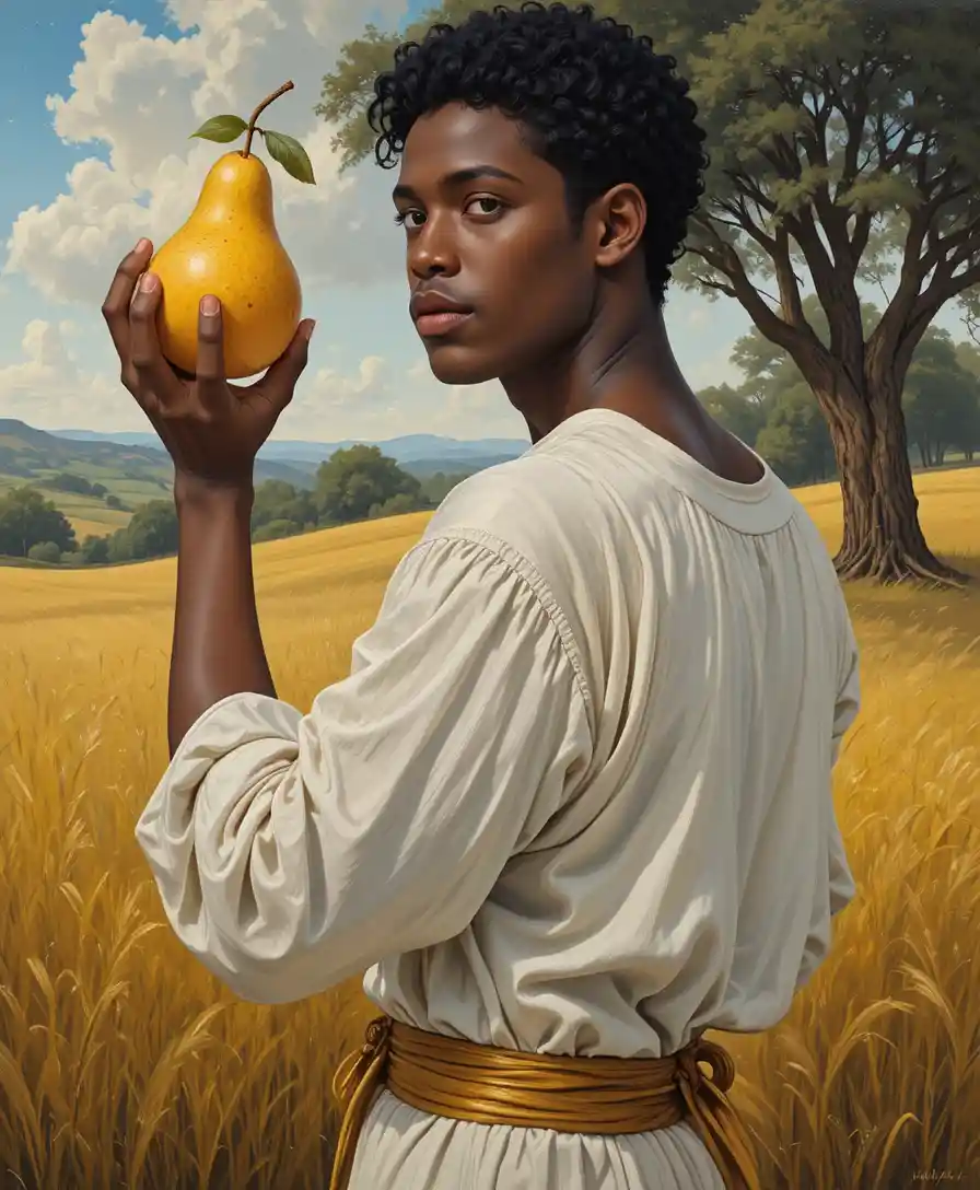 Young man in tunic holding a golden pear in nature
