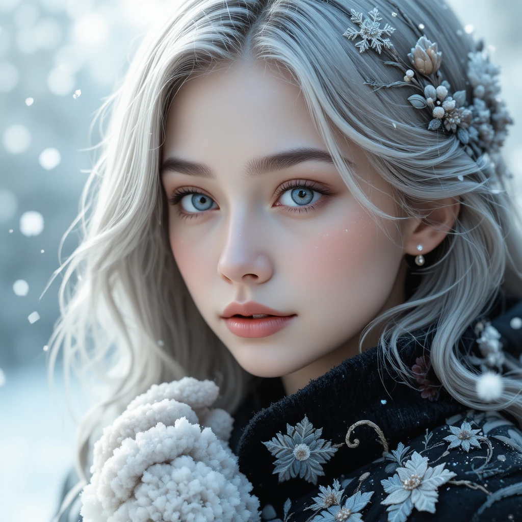 雪中冬景中的空靈銀髮少女
