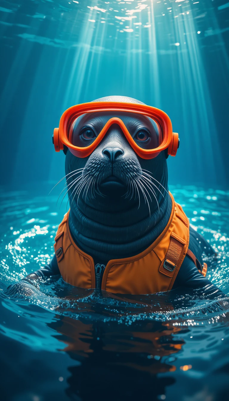 Foca brincalhona com equipamento de mergulho surgindo de um oceano cintilante