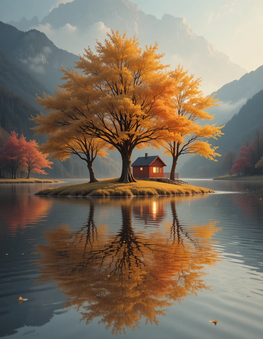 Golden lakeside cabin with glowing trees and reflections