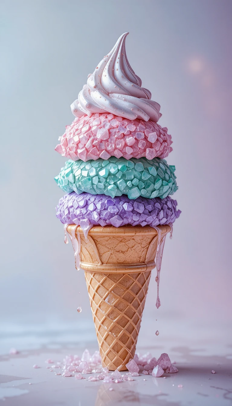 Pastel gemstone ice cream cone in whimsical close up