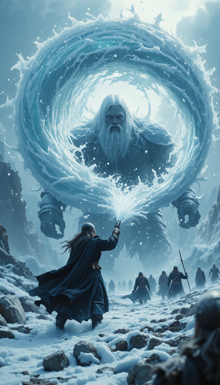 Mage invoquant un cyclone de glace contre un géant colossal