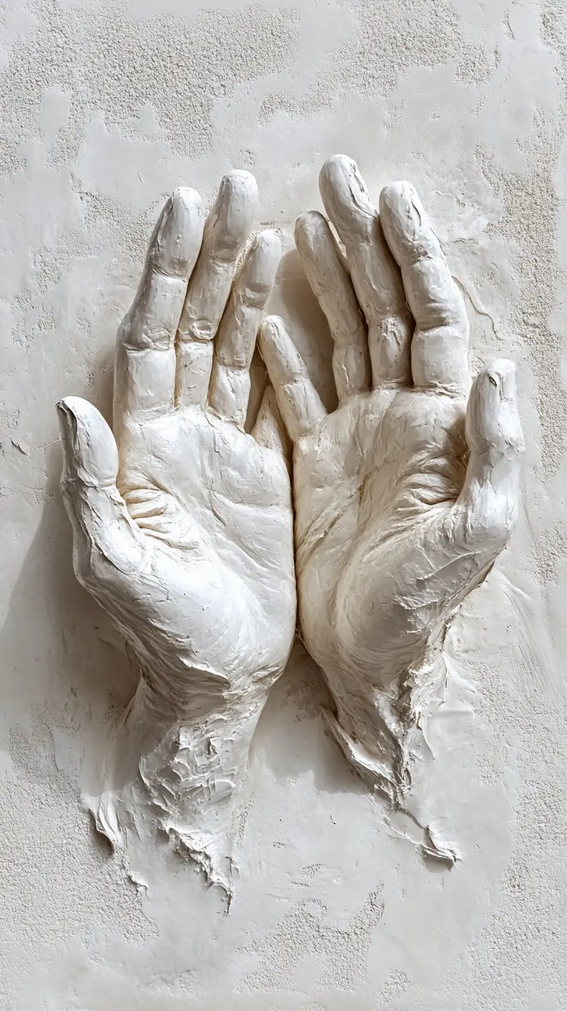 Skulpturierte menschliche Hände im Relief, die aus einer Putzwand hervortreten