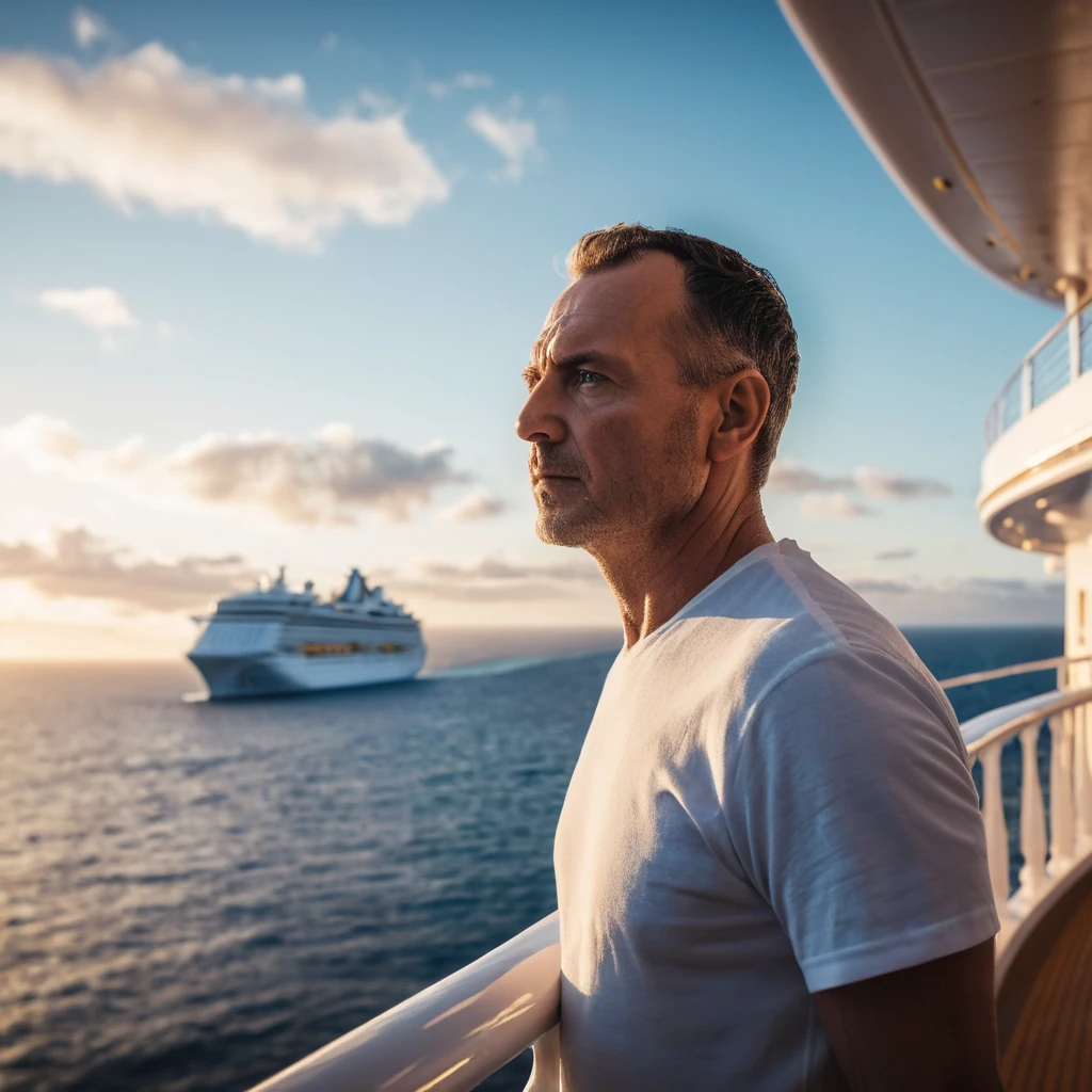 Man gazing at the horizon from a luxury cruise ship