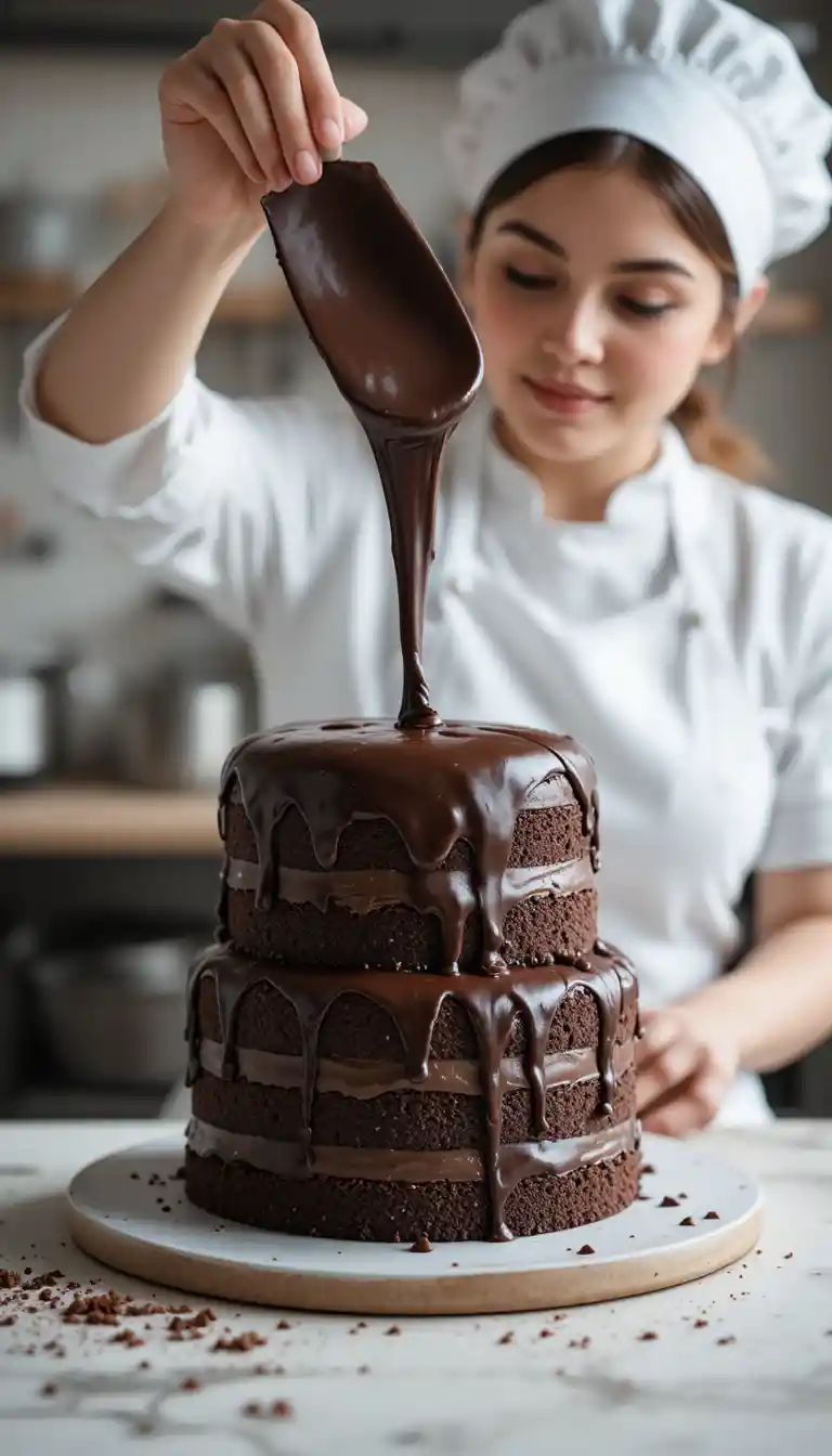 Close up of chocolate ganache poured on layered cake