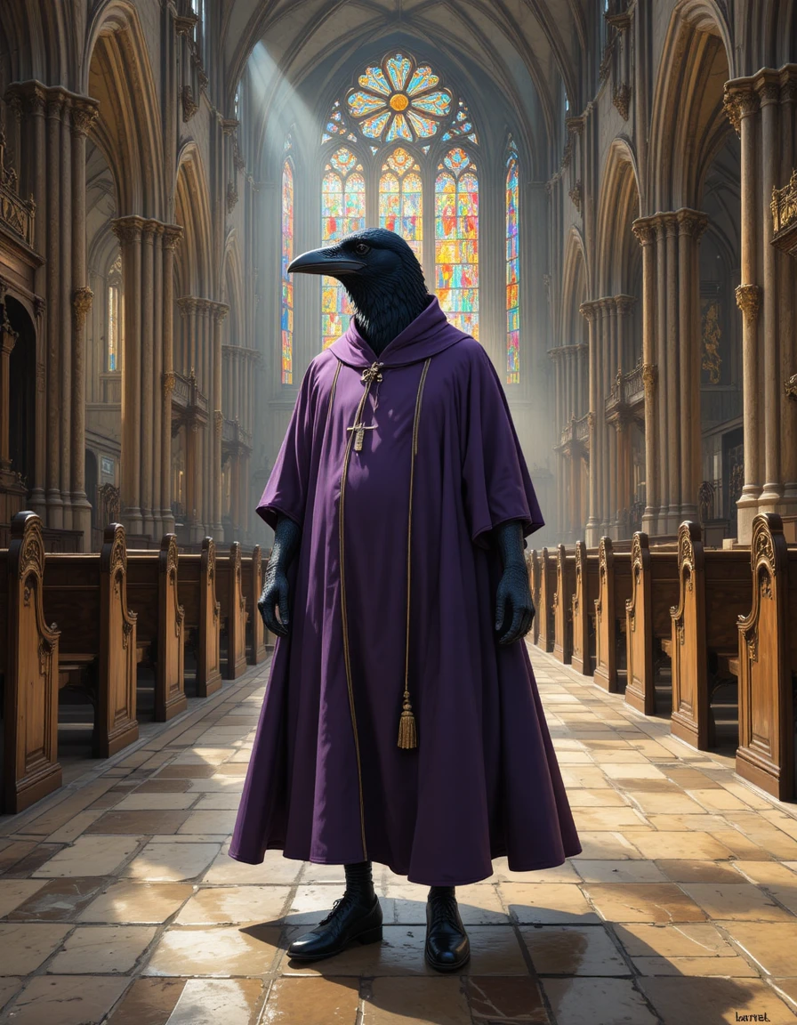 Clérigo Corvo caminhando pela nave gótica banhada de sol