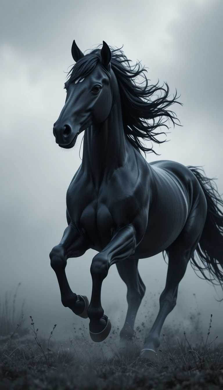 霧の中を迫力ある動きで駆ける黒い馬