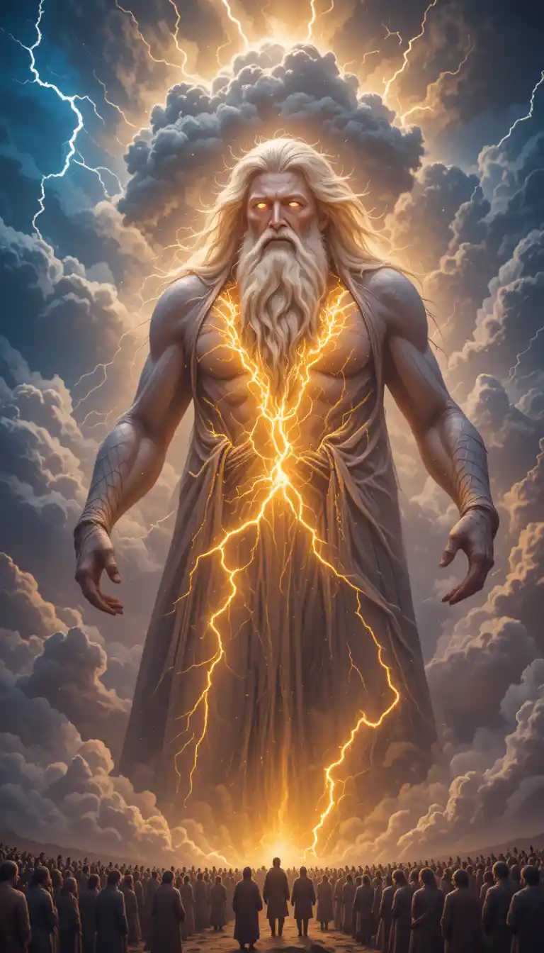 Ancient divine elder towering above a desert crowd