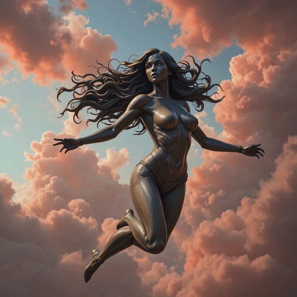 Bronzestatue eines langhaarigen Mädchens, das am roten Himmel fliegt