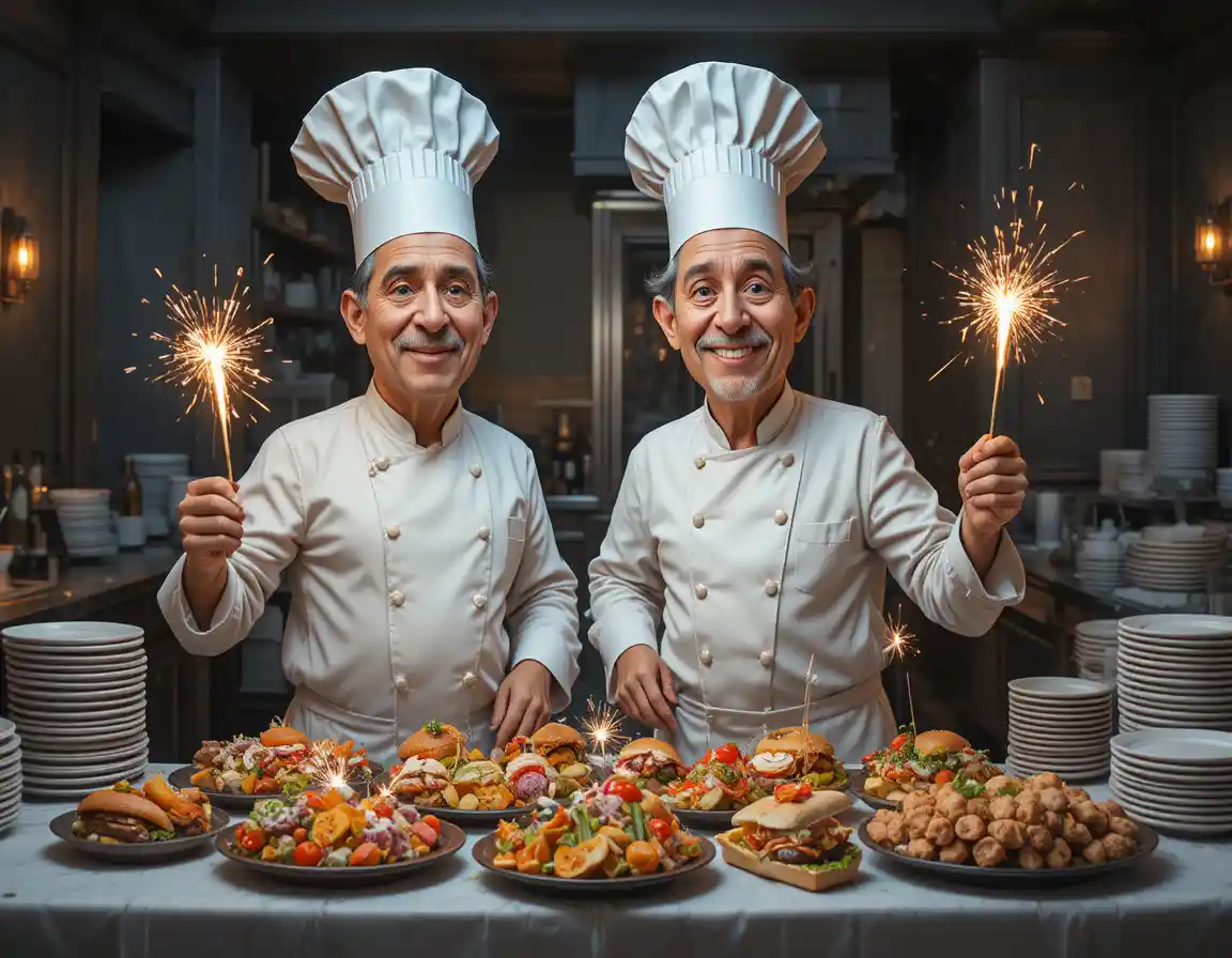 Köche präsentieren funkelnde Vorspeisen in moderner Restaurantküche