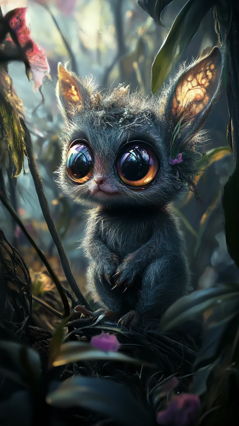 Dreamy baby animal with shimmering gradient eyes
