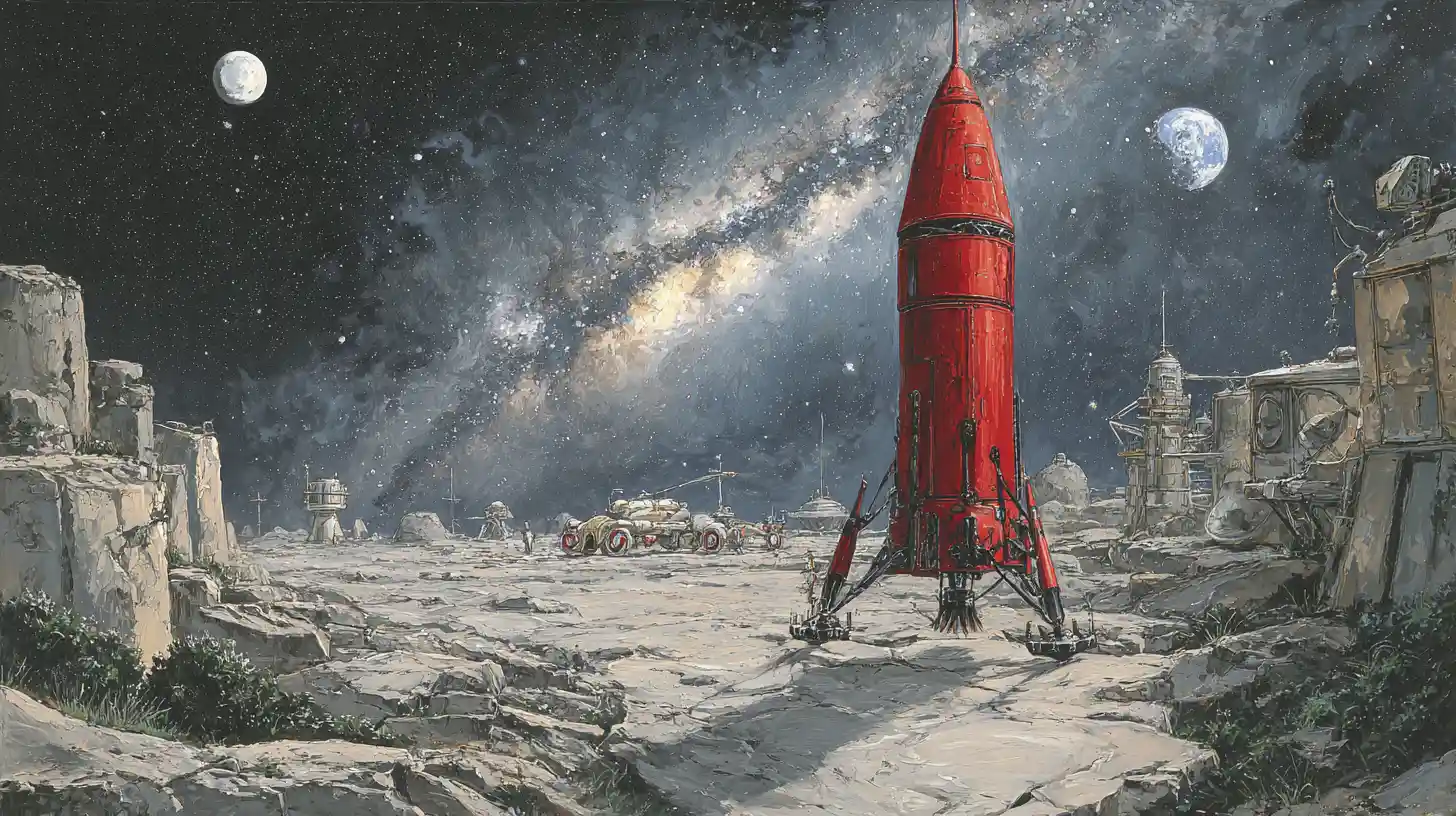 Ölgemälde im Renaissancestil mit einer Rakete auf dem Mond