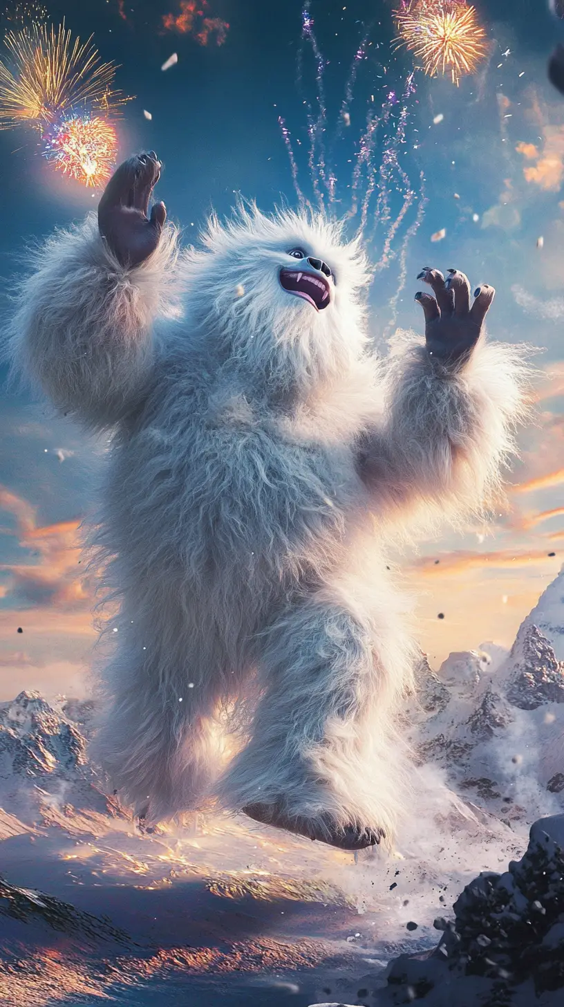 午夜在雪山景色中歡快起舞的雪怪