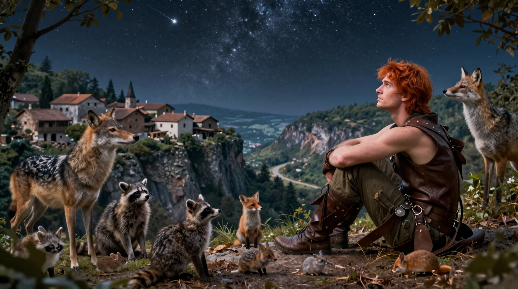 Young man on cliff under starry night sky
