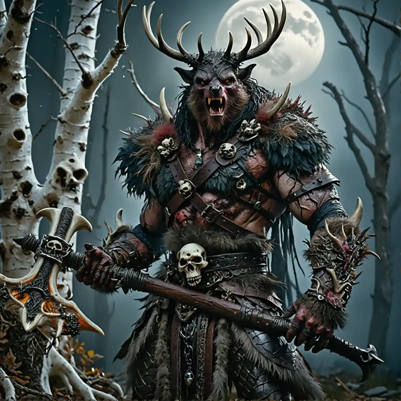 Feral antlered monster climbing a shattered birch tree
