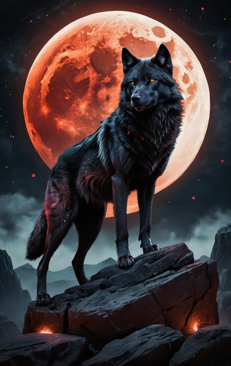 Lobo negro em pico rochoso sob uma lua de sangue ardente