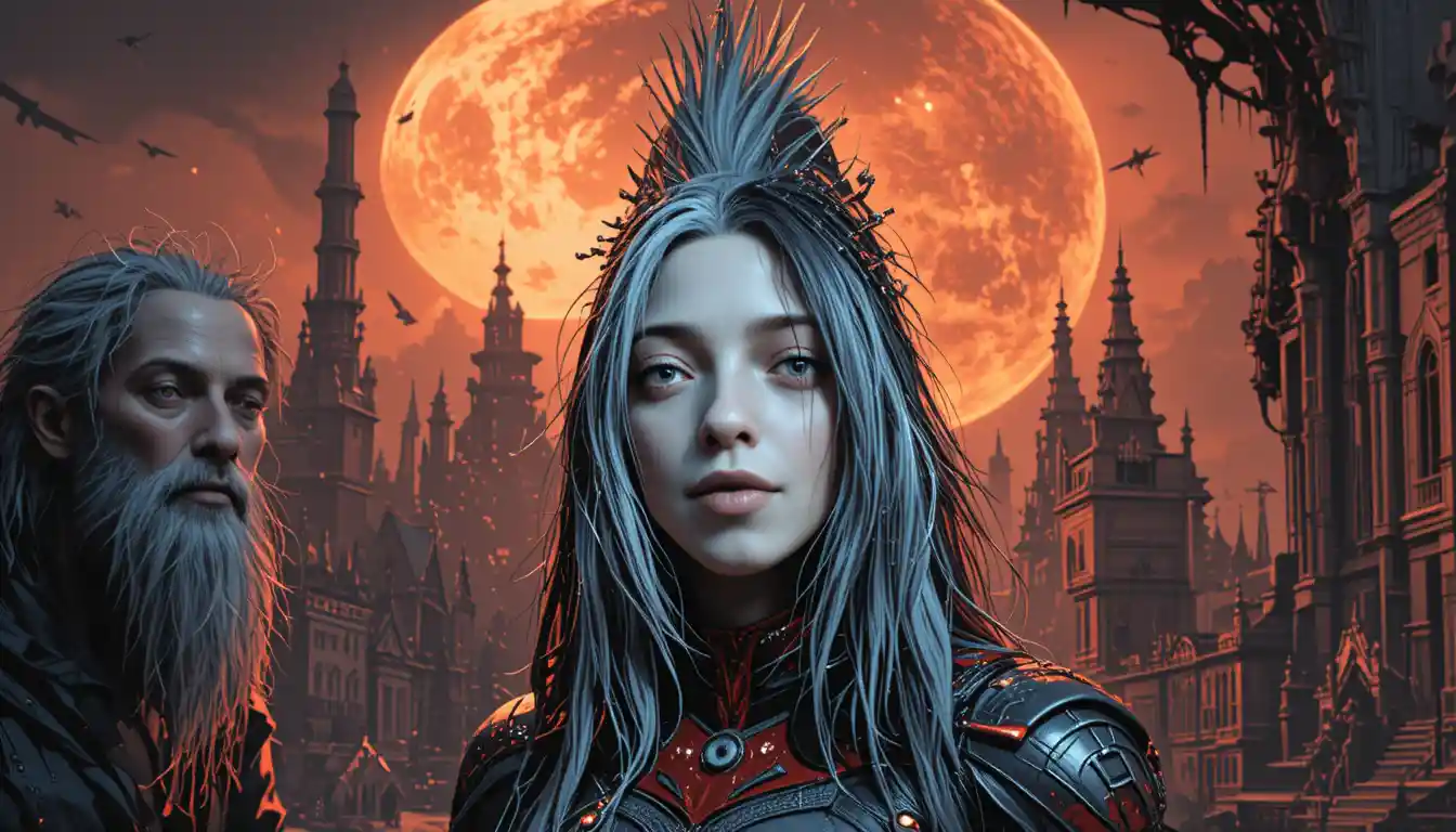 Elfa cyberpunk davanti a una città illuminata da una luna arancione