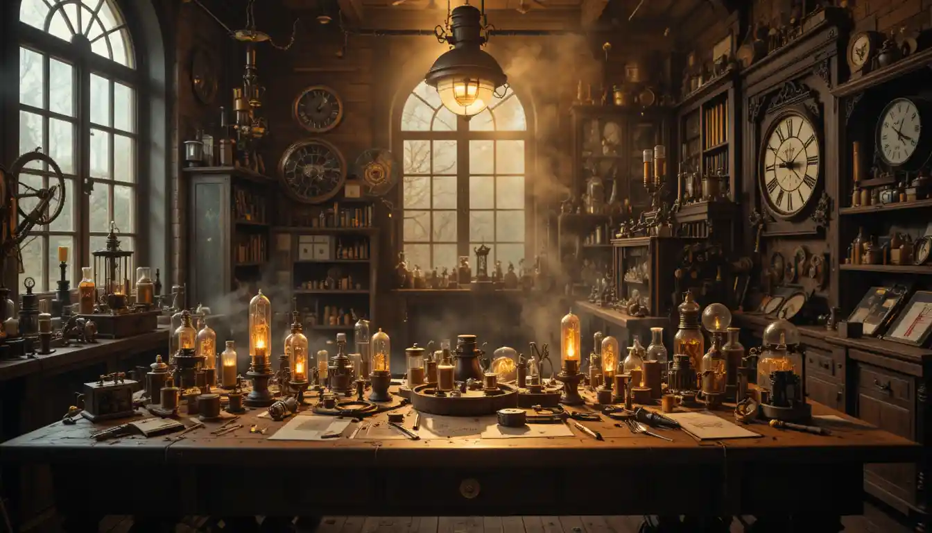 Officina steampunk vittoriana con ingranaggi e tubi luminosi