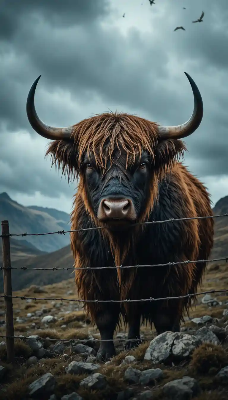Highland cow behind barbed wire under stormy clouds