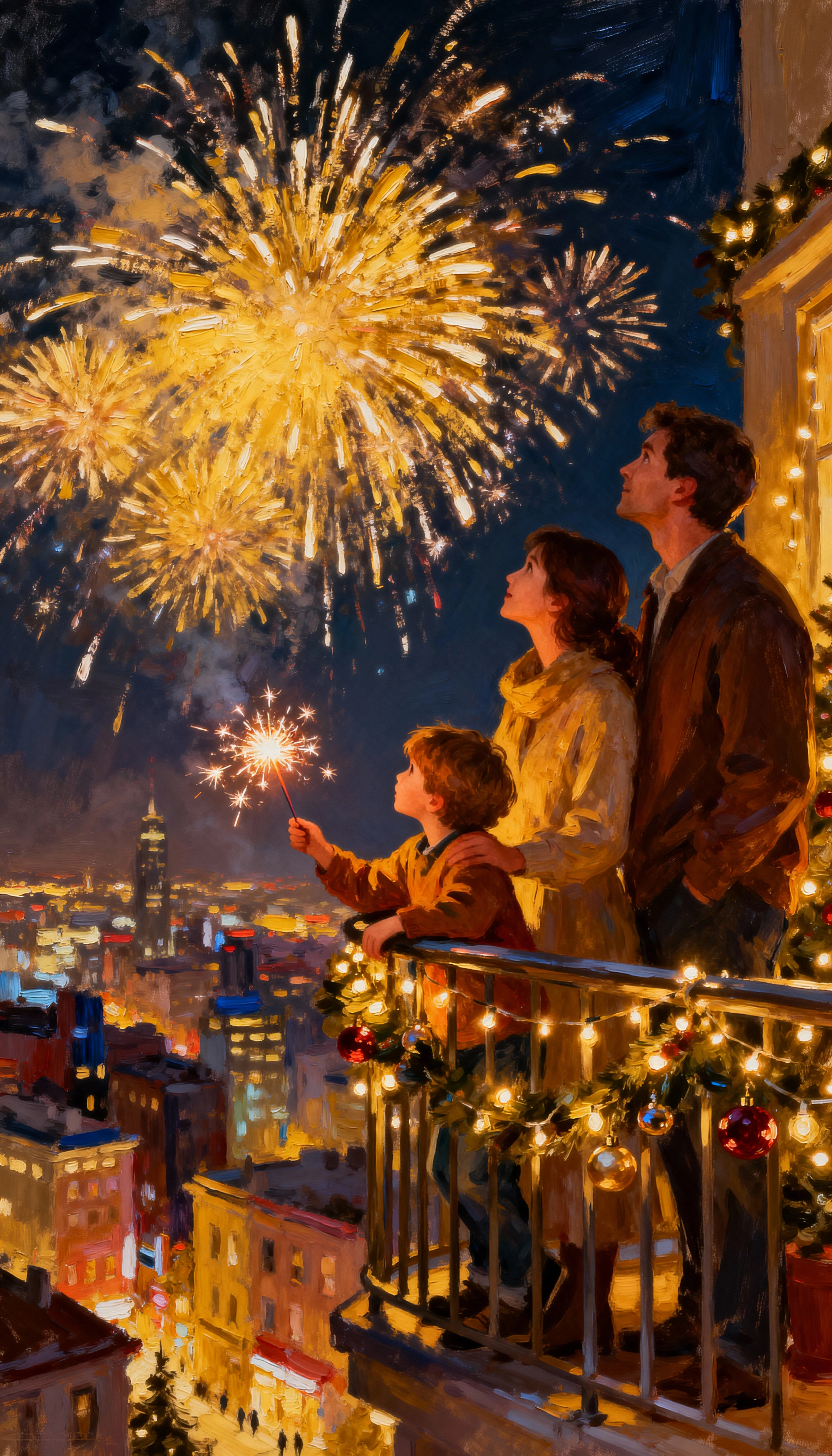 Famiglia che guarda i fuochi d'artificio da un luminoso balcone cittadino