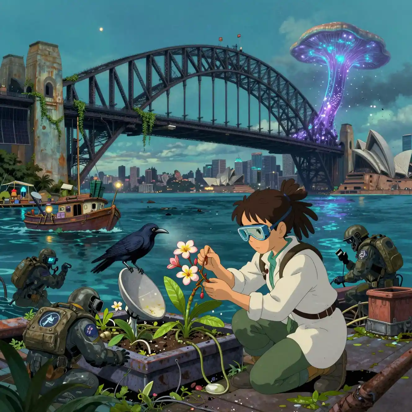 Teenage Botanist Tending Hydroponic Garden On Ruined Bridge