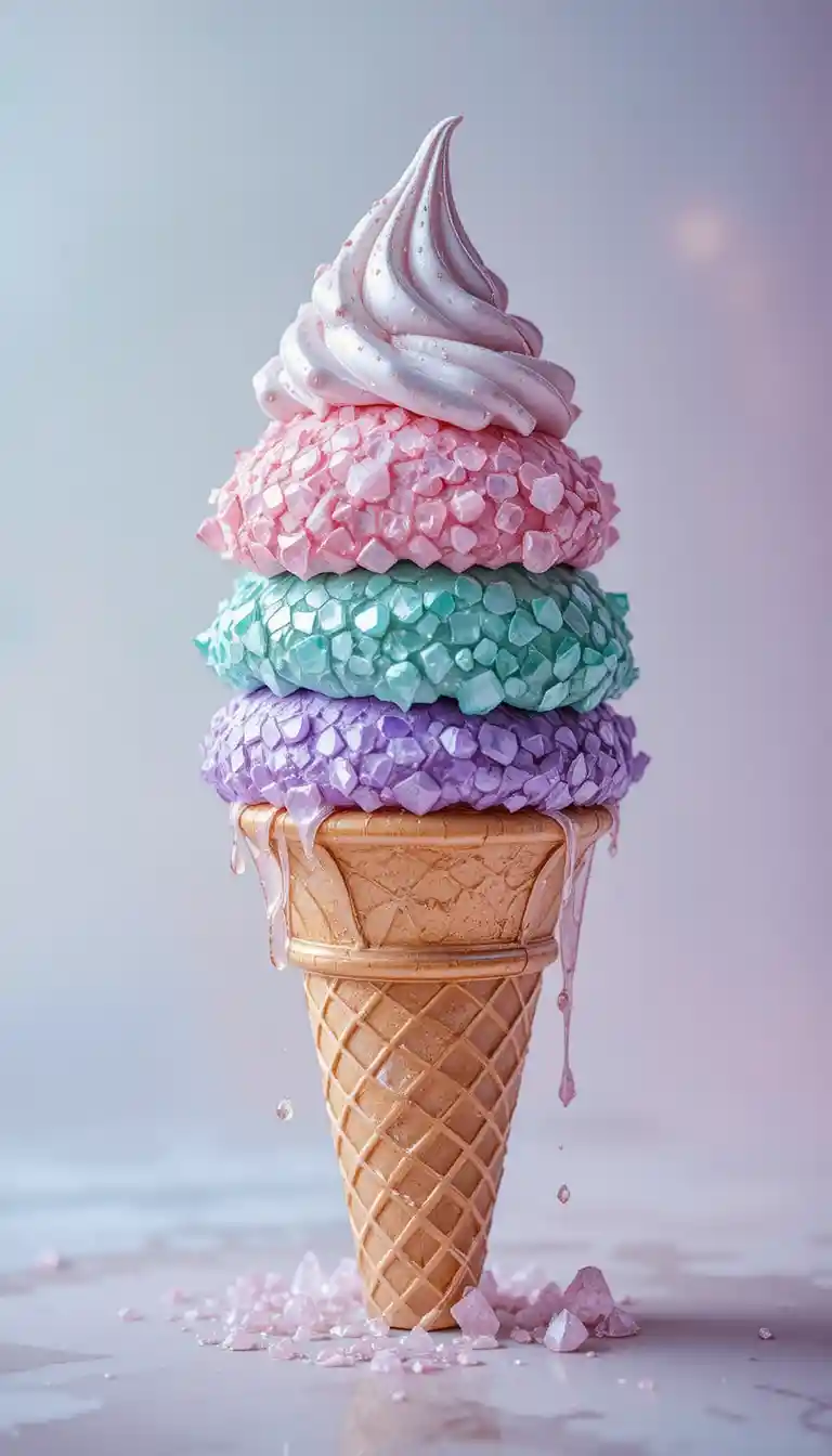 Cono gelato di gemme pastello in un bizzarro primo piano