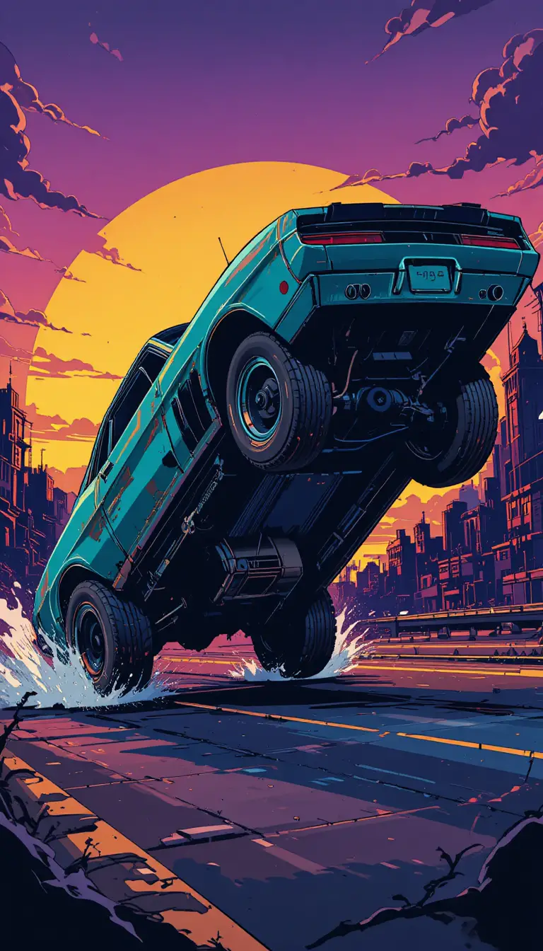 Teal muscle car rearing up before a neon sunset city